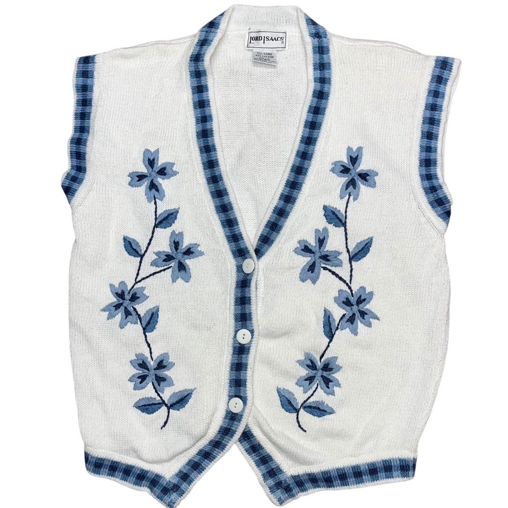 Vintage | LORD ISAACS | Womens Large | White Blue Floral Button Up Knit Vest